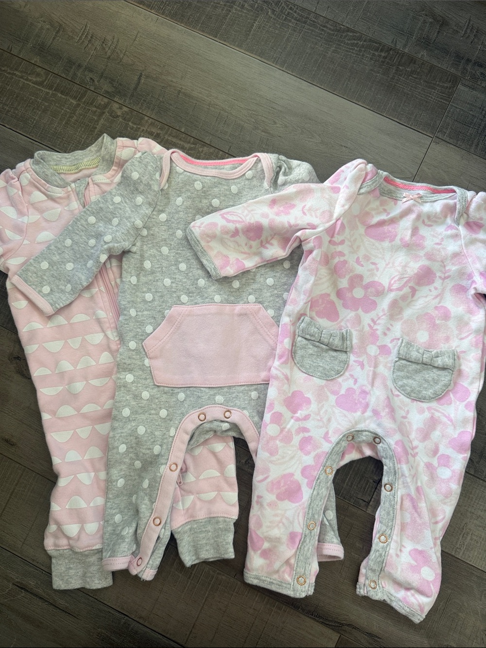 cloud island Pink and Gray Baby One-Piece Footies - 3 Pack